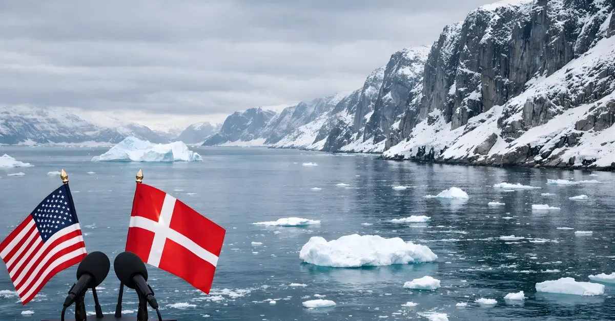 Wide shot of an icy Greenland coastline under overcast light with U.S. and Danish flags near a podium setup, suggesting a diplomatic news setting.