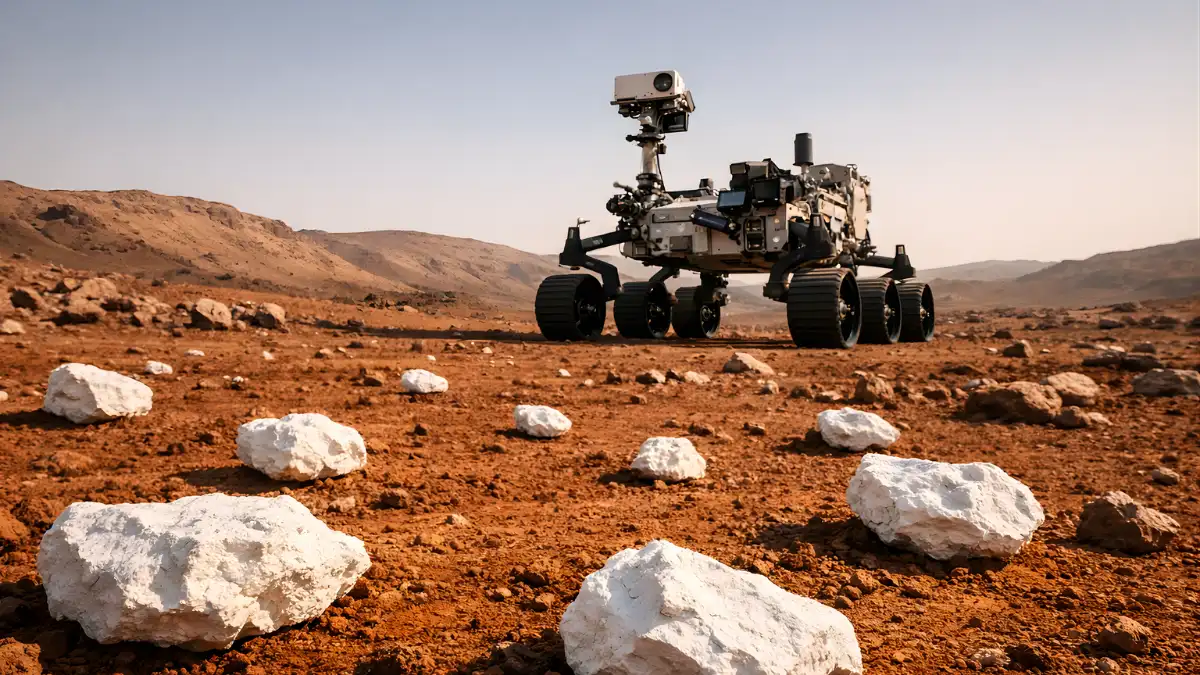 A wide view of NASA’s Perseverance rover on Mars with bright white rocks scattered on a reddish, dusty surface in Jezero Crater.