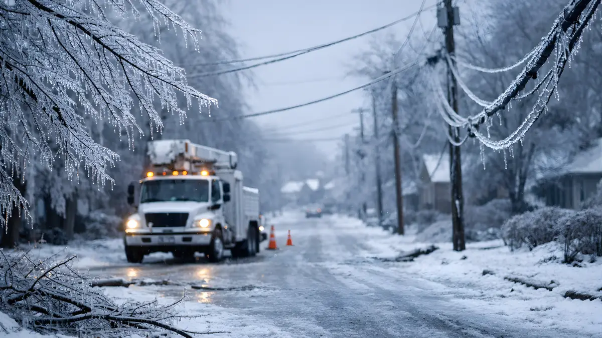 A wide view of an icy street with snow on the ground, ice-covered trees, and power lines near a utility truck during a winter storm.