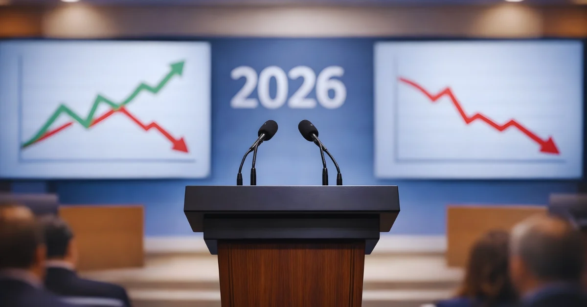 A wide shot of a press briefing room with a podium and background screens showing a generic GDP trend chart and the year 2026.