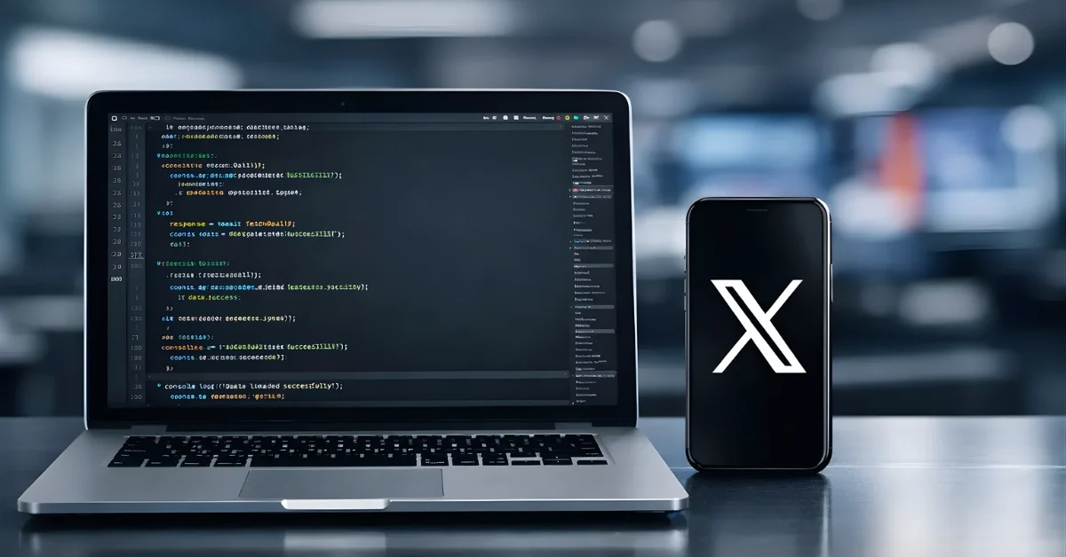 A laptop showing code next to a smartphone displaying the X logo on a desk in a newsroom setting.