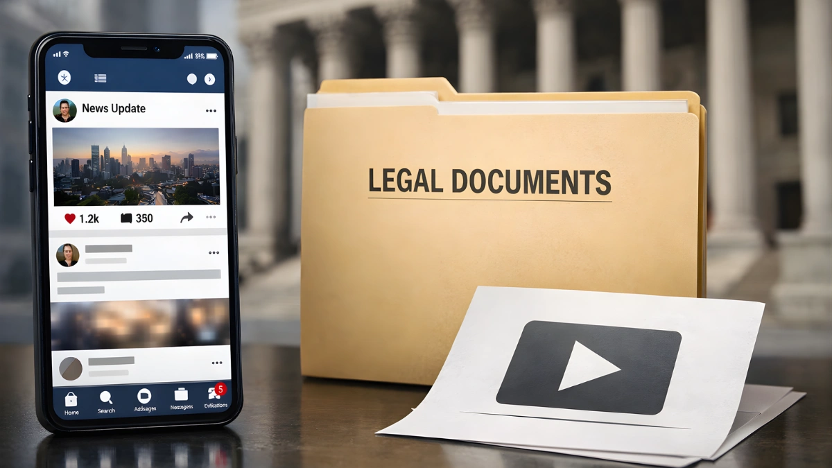 A smartphone and legal paperwork pictured in front of a courthouse building, illustrating a lawsuit involving online video and AI training claims.