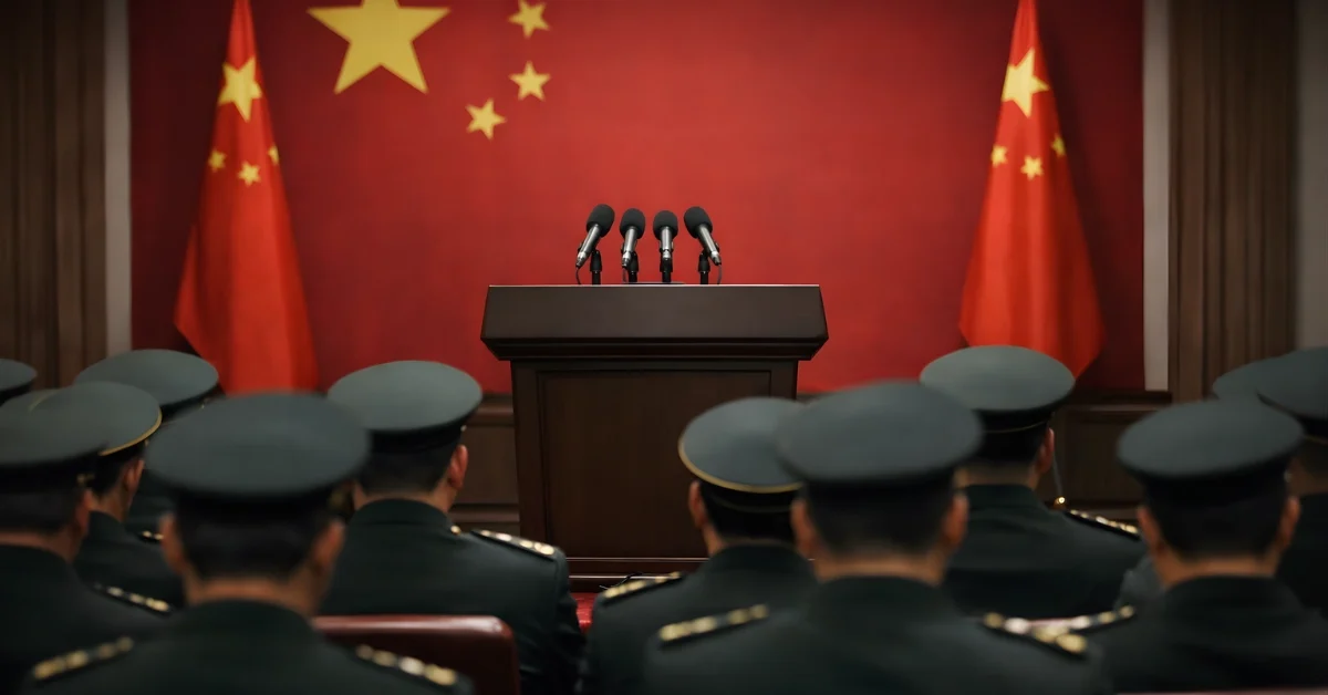 A wide shot of uniformed officers seated in a formal briefing hall facing a podium with microphones and a red backdrop.