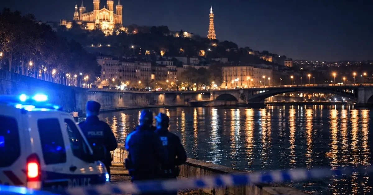 Nighttime view of the Rhône riverbanks in Lyon, France, with police lights visible in the foreground, representing the scene of the investigation.