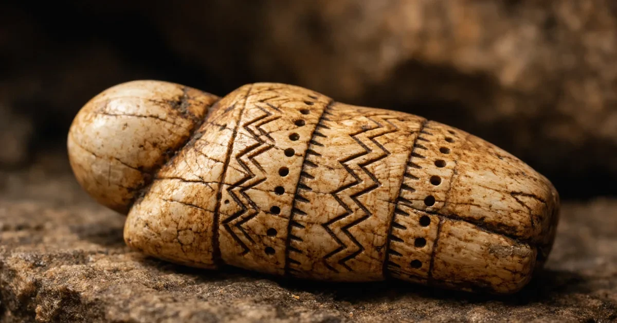 A close-up view of a 40,000-year-old mammoth ivory figurine carved with geometric notches and dots, resting on a stone surface.