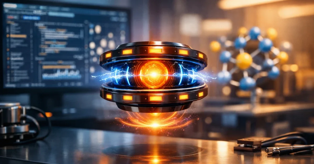 A glowing futuristic magnet hovers above a modern laboratory workbench with data displayed on a background screen.