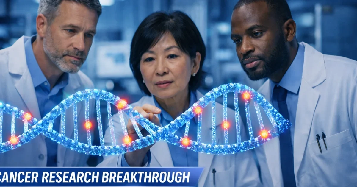 Scientists in a modern lab analyzing a 3D holographic DNA model for personalized cancer vaccine research.