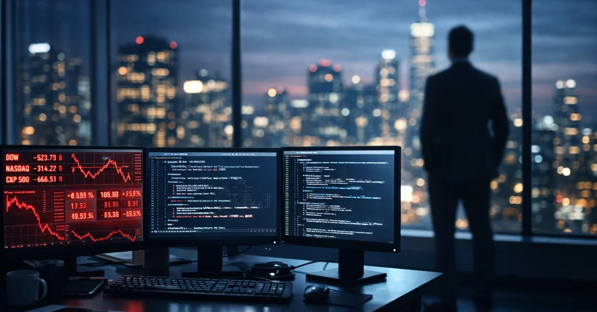 A high-tech office workstation showing falling stock market tickers on screens, symbolizing the impact of AI on the technology sector and employment.