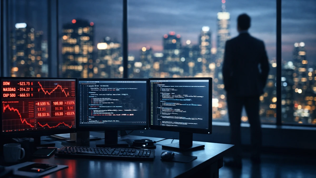 A high-tech office workstation showing falling stock market tickers on screens, symbolizing the impact of AI on the technology sector and employment.