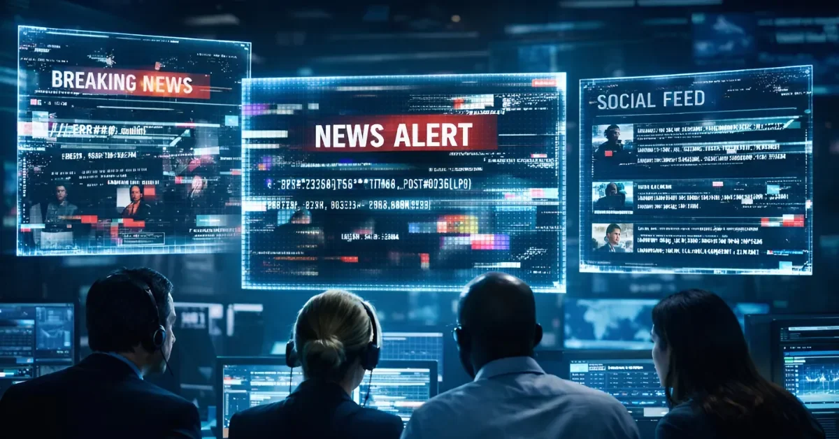Analysts in a high-tech digital command center monitoring screens filled with glitched AI-generated news headlines and social media data.