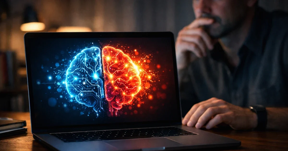 A modern laptop on a desk displaying an AI visualization on the screen, with a user in the background looking hesitant.