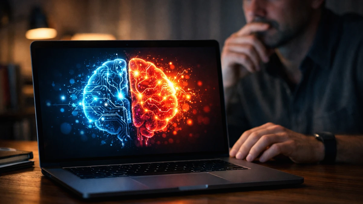 A modern laptop on a desk displaying an AI visualization on the screen, with a user in the background looking hesitant.