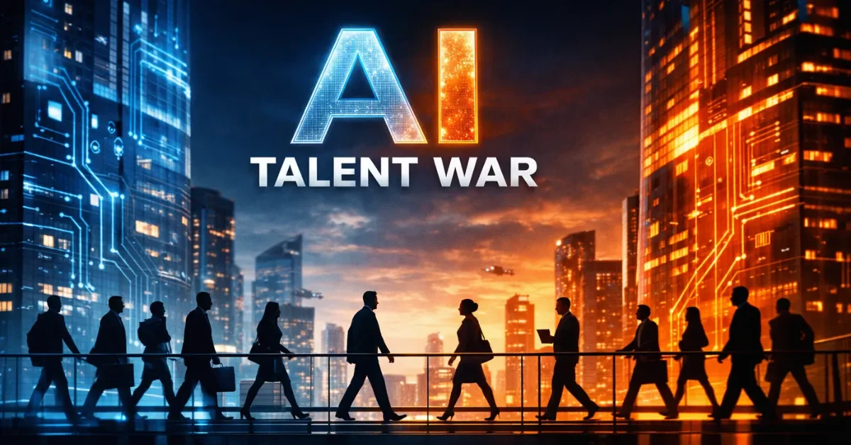 Silhouettes of tech professionals walking between futuristic corporate towers, representing the competitive AI talent war among major technology companies.