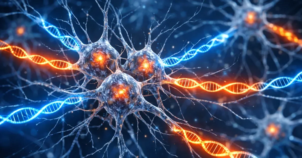 3D visualization of interconnected brain neurons with glowing genetic network pathways illustrating Alzheimer's disease gene regulation research
