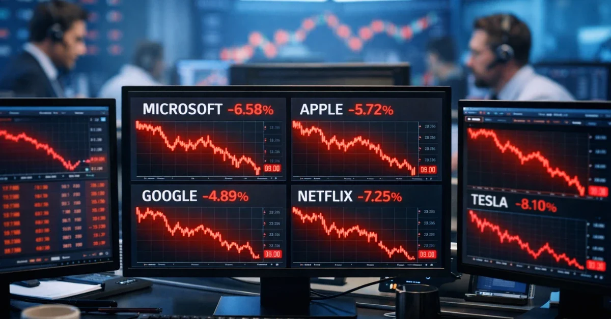 Trading floor computer screens showing declining software stock charts during the February 2026 market selloff triggered by AI automation tools