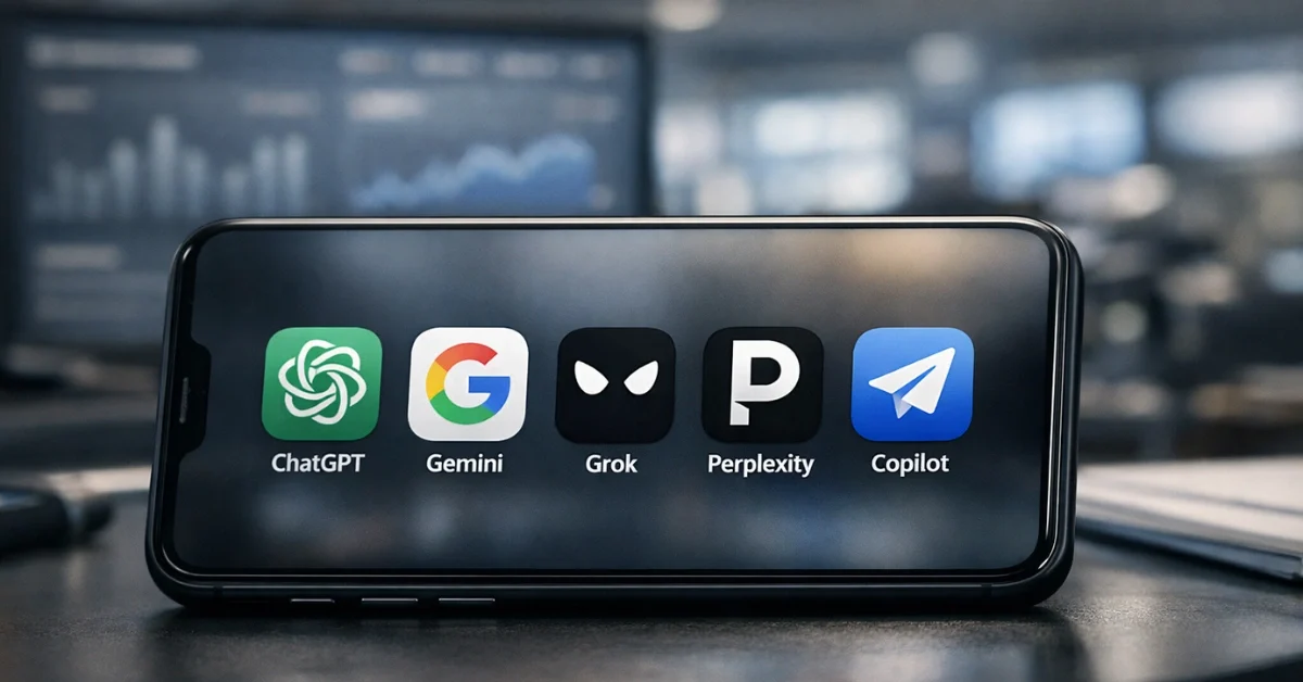 A smartphone on a desk displaying several AI chatbot app icons, with a blurred analytics screen in the background.