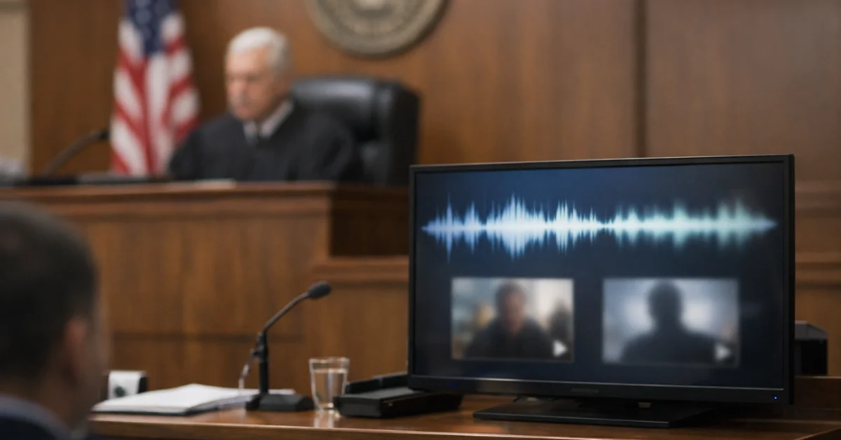 A modern courtroom with the judge’s bench and a monitor showing blurred icons for audio and video evidence, suggesting a dispute over AI-generated media.
