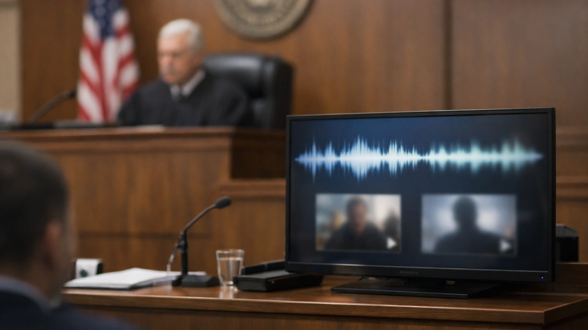A modern courtroom with the judge’s bench and a monitor showing blurred icons for audio and video evidence, suggesting a dispute over AI-generated media.
