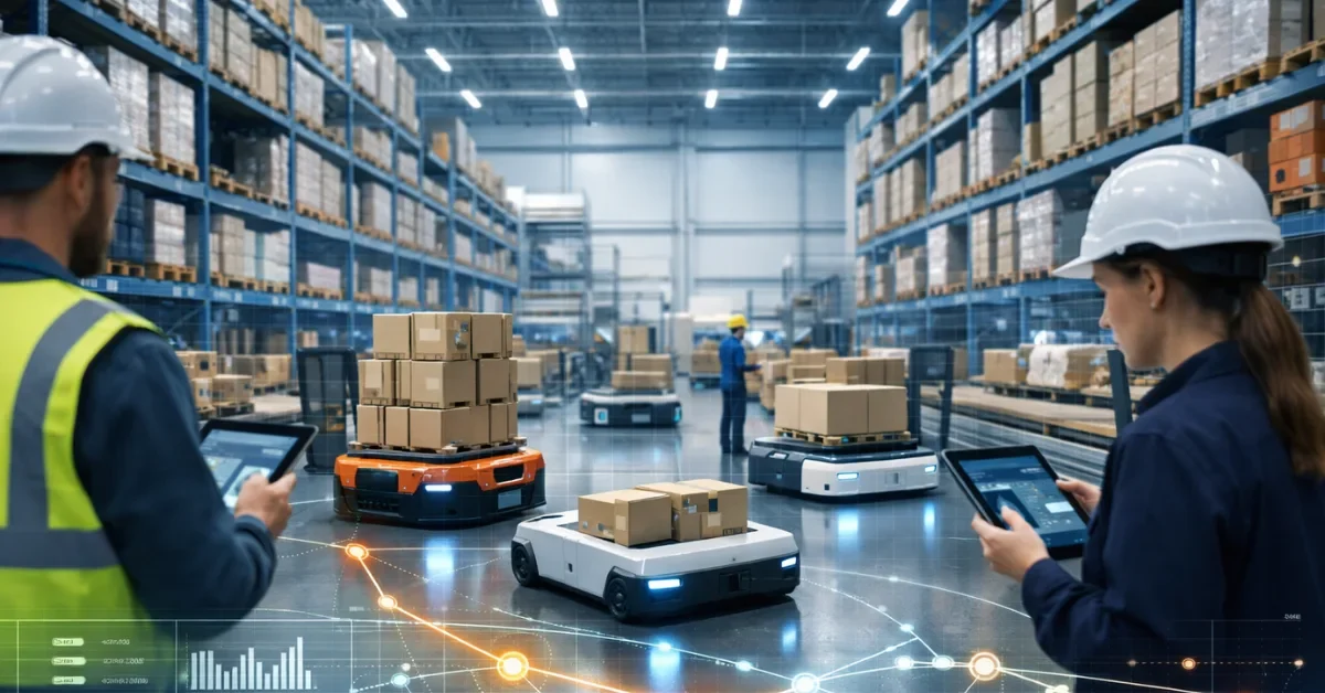 A modern high-tech logistics warehouse featuring automated robots and human workers managing supply chain operations with digital data overlays.