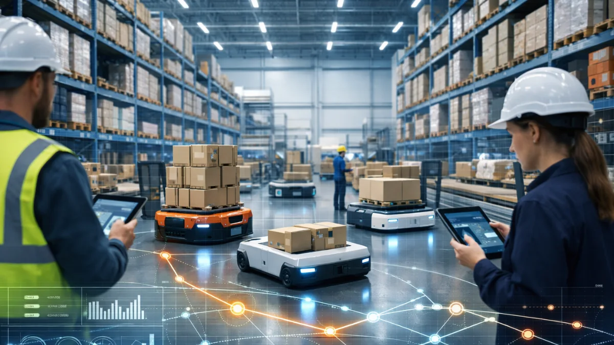 A modern high-tech logistics warehouse featuring automated robots and human workers managing supply chain operations with digital data overlays.
