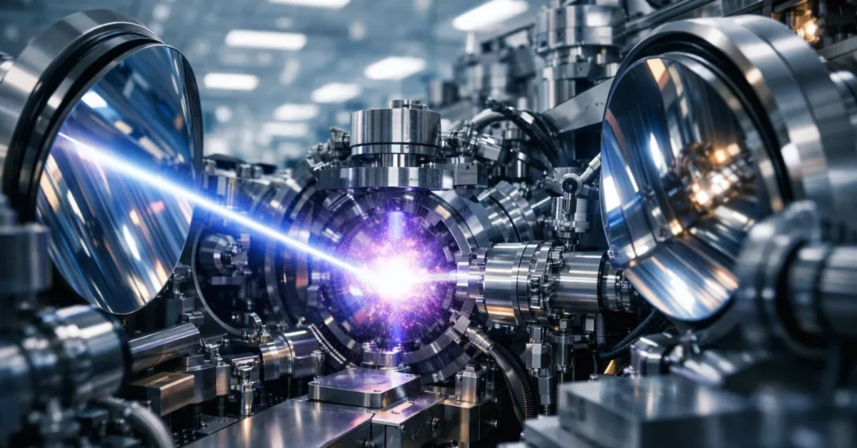 Advanced extreme ultraviolet lithography machinery operating inside a highly sterile semiconductor fabrication plant.