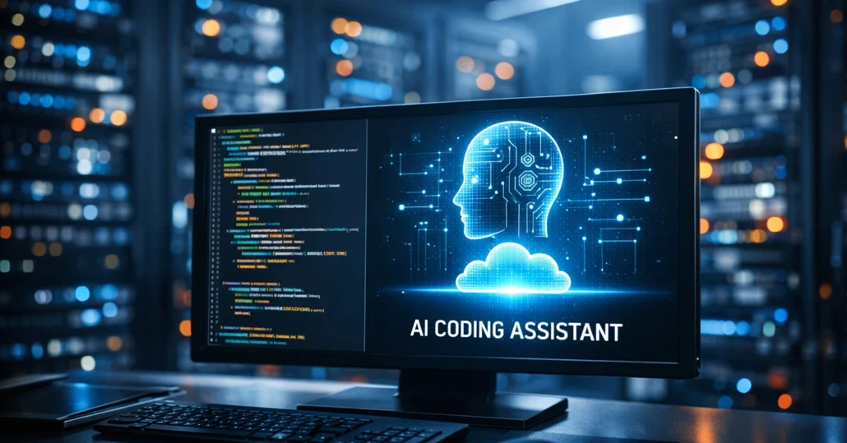 A high-tech server room with glowing blue lights and a computer terminal displaying code, representing cloud computing and artificial intelligence infrastructure.