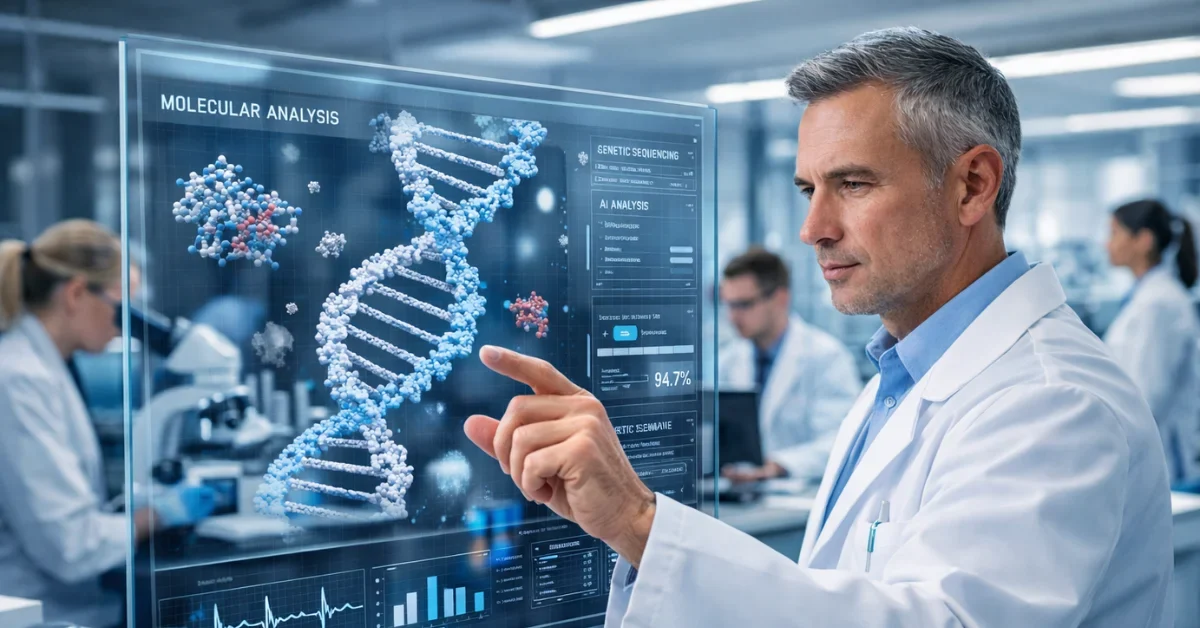 A professional medical researcher interacts with an advanced AI data visualization interface in a modern laboratory setting.