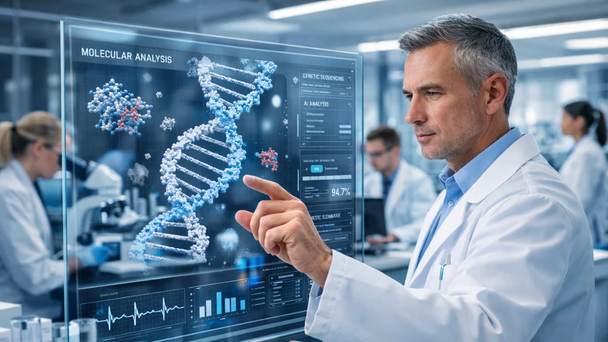 A professional medical researcher interacts with an advanced AI data visualization interface in a modern laboratory setting.