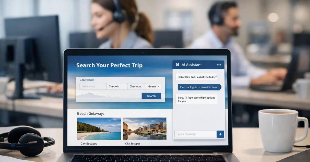 A modern office desk with a laptop showing a travel booking screen and an AI-style customer support chat window.