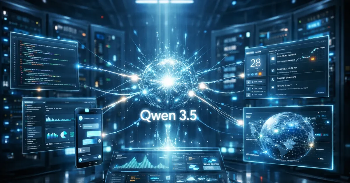 A futuristic server room featuring a glowing digital AI interface connecting to multiple holographic screens, representing the agentic capabilities of Alibaba Qwen 3.5.