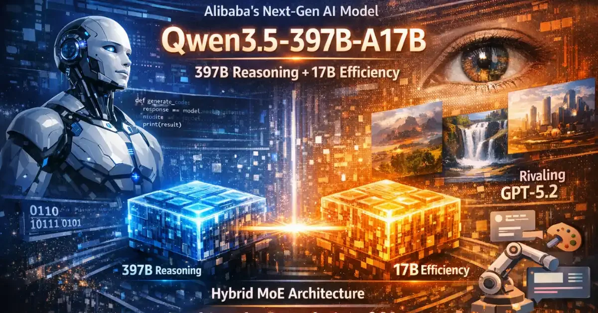 A glowing holographic neural network representing Alibaba's advanced AI model hovering over a desk in a high-tech laboratory setting.