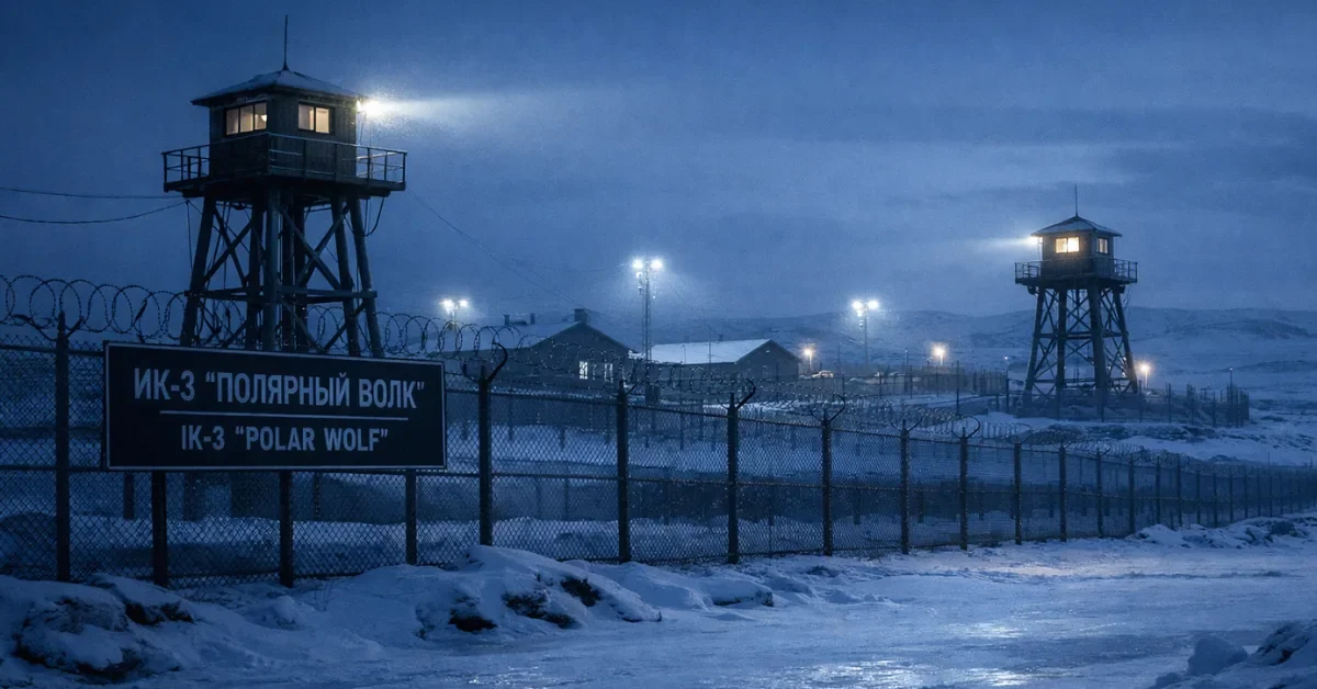 Exterior view of the snowy IK-3 Polar Wolf penal colony in the Russian Arctic under twilight with high fences and watchtowers.