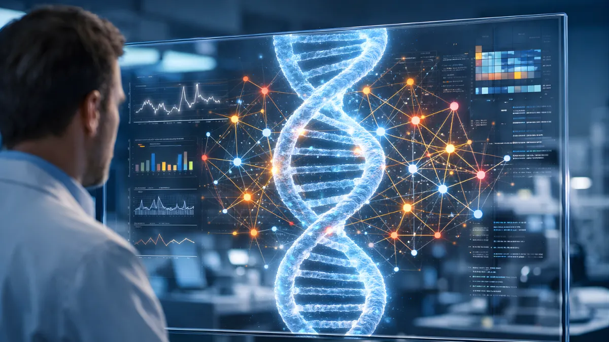Scientist in a modern genomics lab examining a large digital display of a DNA double helix with AI-generated data overlays, illustrating Google DeepMind’s AlphaGenome model.