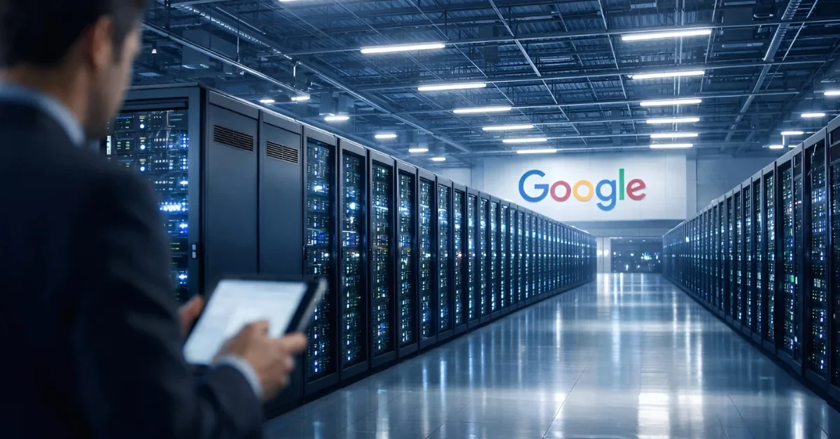 Rows of illuminated server racks inside a massive high-tech Google data center representing AI infrastructure investment.