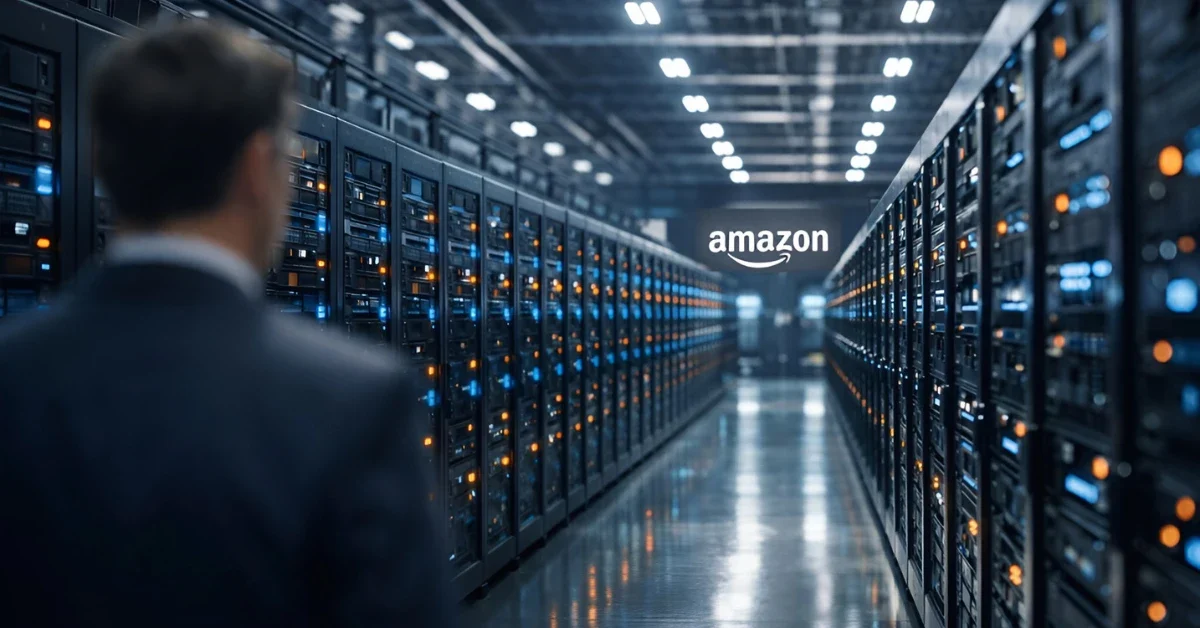 Rows of illuminated server racks in a high-tech Amazon data center representing the $200 billion AI investment.
