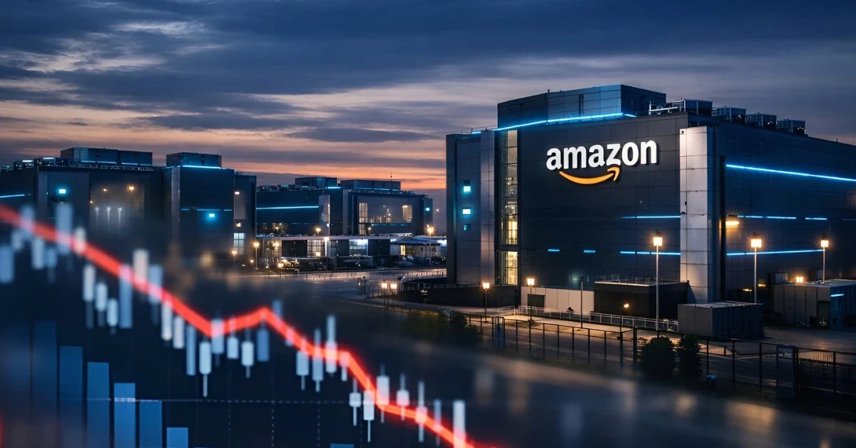 Exterior view of a modern Amazon data center at twilight with blue lighting, symbolizing the $200 billion capital spending plan, with a subtle stock market graph overlay.