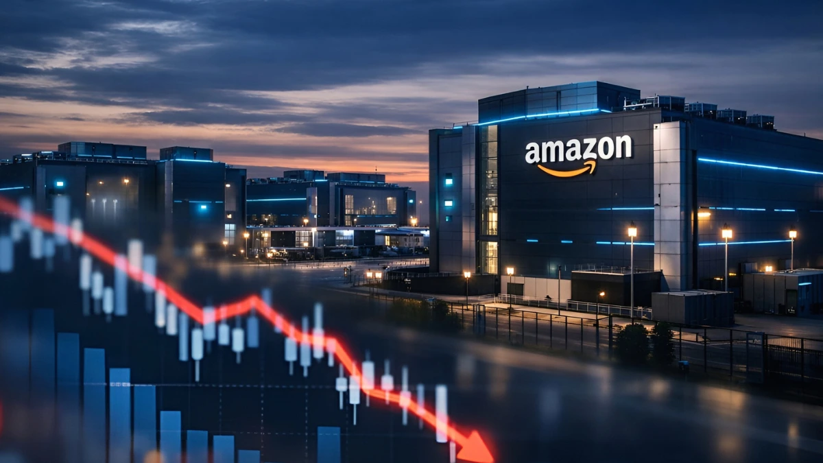 Exterior view of a modern Amazon data center at twilight with blue lighting, symbolizing the $200 billion capital spending plan, with a subtle stock market graph overlay.