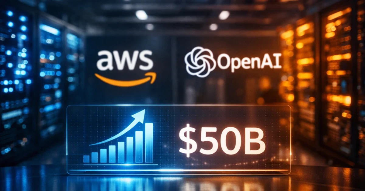 A high-tech server room with cinematic blue and orange lighting, featuring a holographic financial graph representing Amazon's $50 billion investment in OpenAI.
