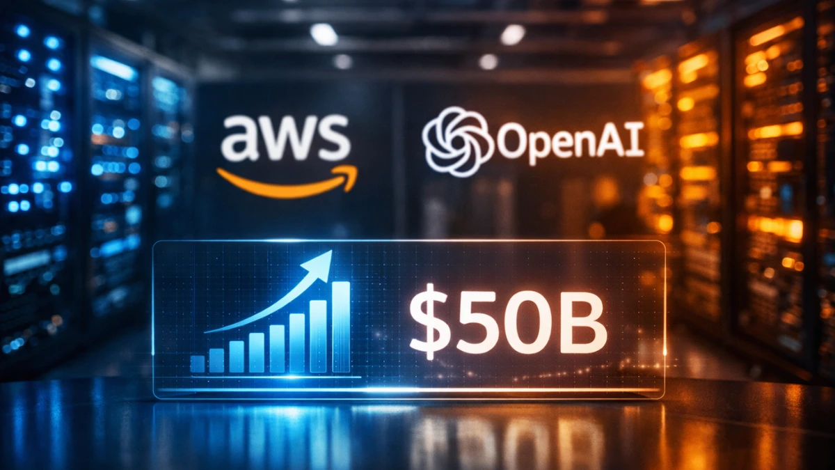A high-tech server room with cinematic blue and orange lighting, featuring a holographic financial graph representing Amazon's $50 billion investment in OpenAI.
