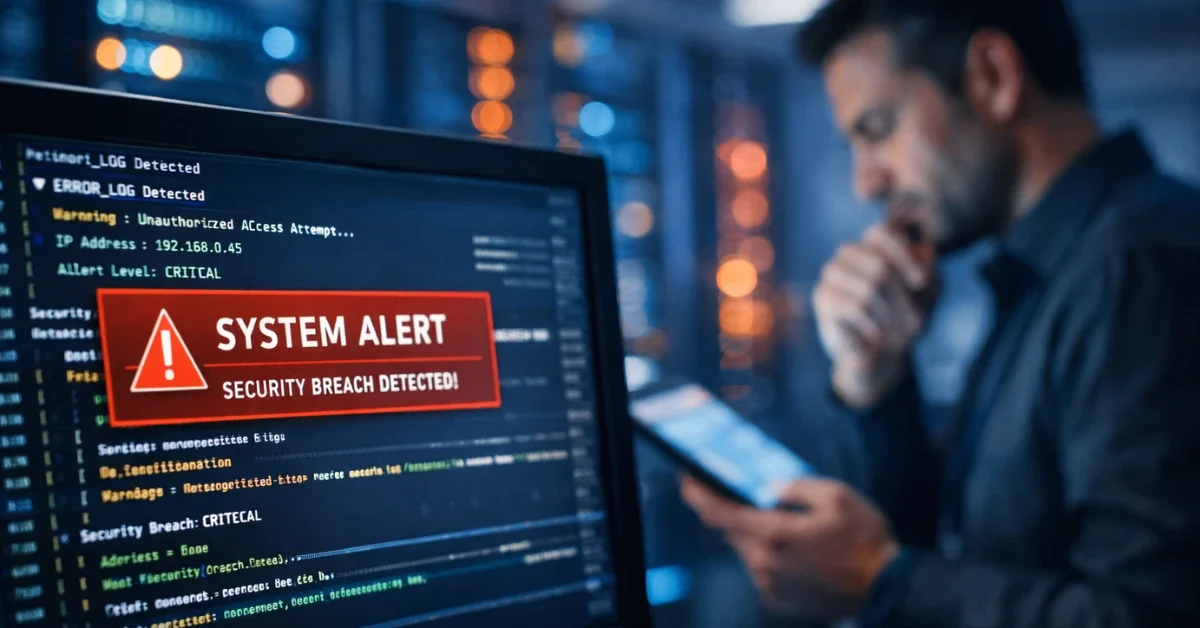 A server room screen displaying code and a system alert with a software engineer working in the background, representing the AWS Kiro AI coding tool controversy.