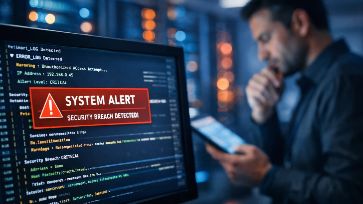 A server room screen displaying code and a system alert with a software engineer working in the background, representing the AWS Kiro AI coding tool controversy.