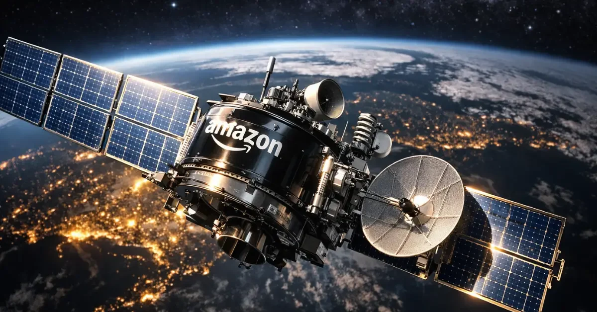 A high-tech Amazon Leo satellite orbits the Earth with solar panels deployed, showcasing the technology used for global broadband internet coverage.