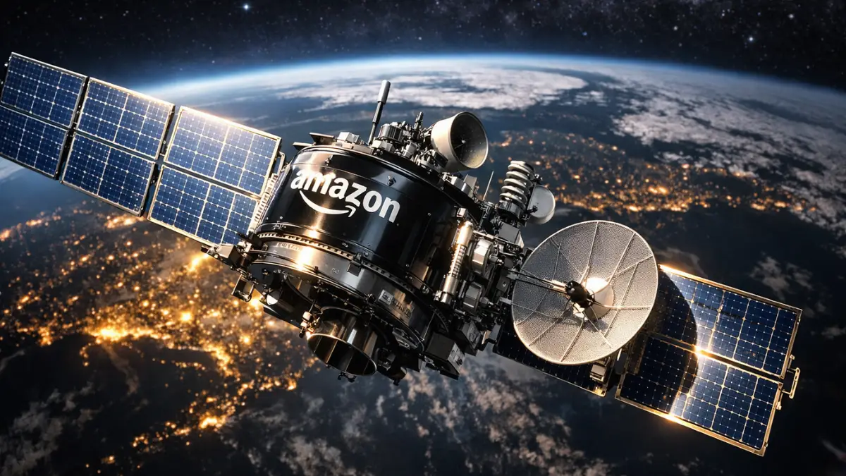 A high-tech Amazon Leo satellite orbits the Earth with solar panels deployed, showcasing the technology used for global broadband internet coverage.