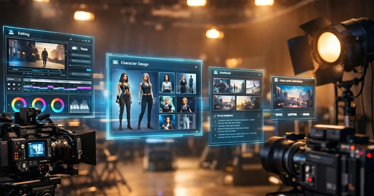 Professional film production studio showing cinema cameras and equipment alongside digital AI interface displays for film editing and production tools