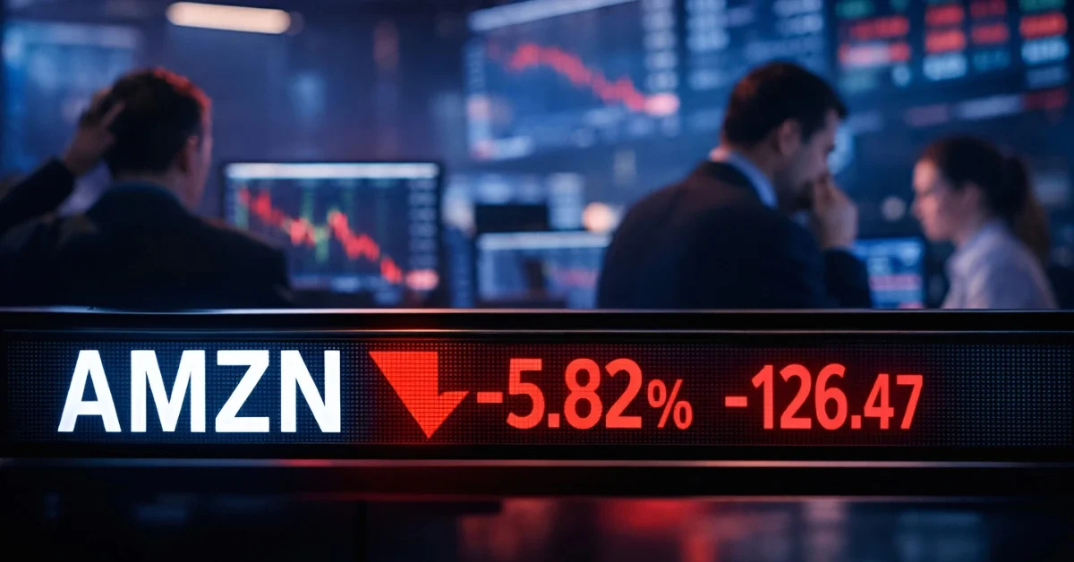 Digital stock market board showing Amazon (AMZN) ticker with a red downward arrow, set against a backdrop of a modern trading floor with cool blue and red lighting.