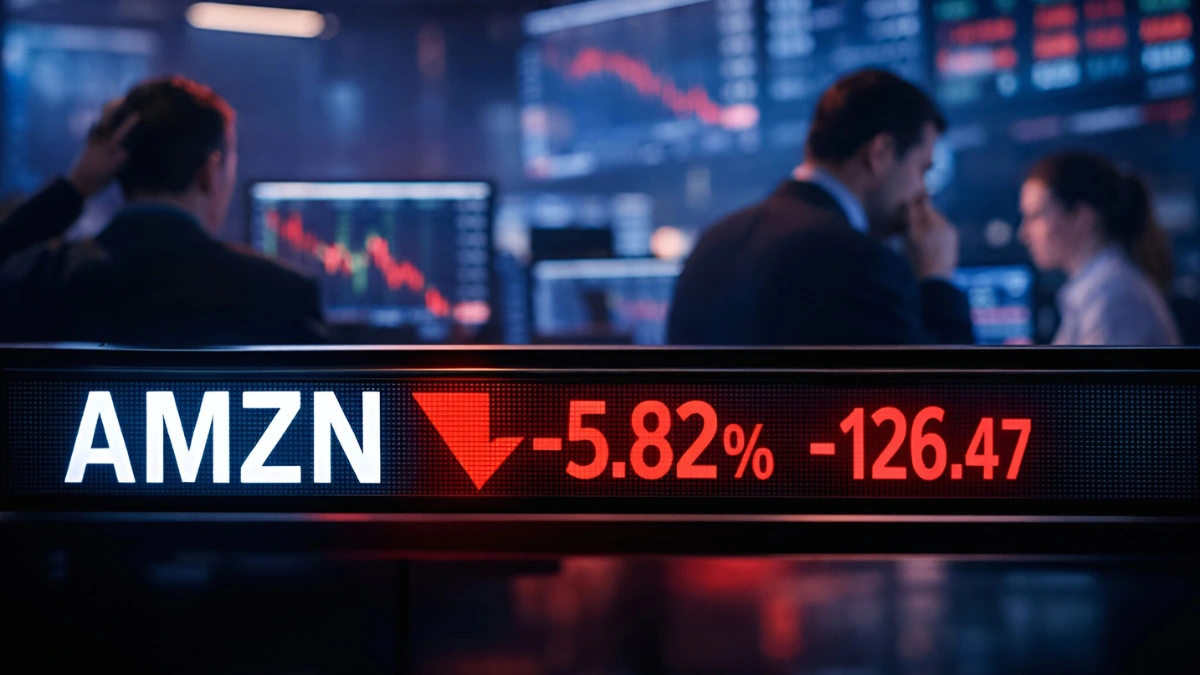 Digital stock market board showing Amazon (AMZN) ticker with a red downward arrow, set against a backdrop of a modern trading floor with cool blue and red lighting.