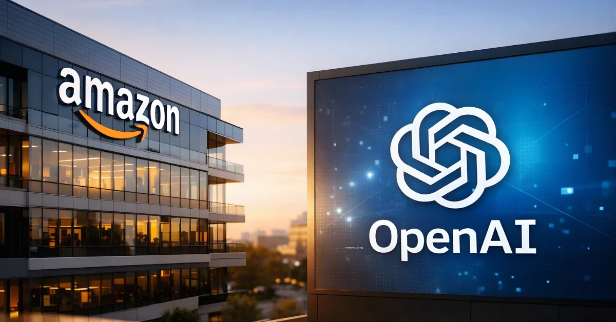 Amazon corporate headquarters building with visible Amazon logo, representing the company's reported negotiations to invest in OpenAI.