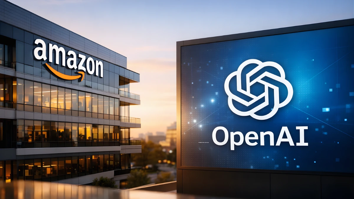 Amazon corporate headquarters building with visible Amazon logo, representing the company's reported negotiations to invest in OpenAI.