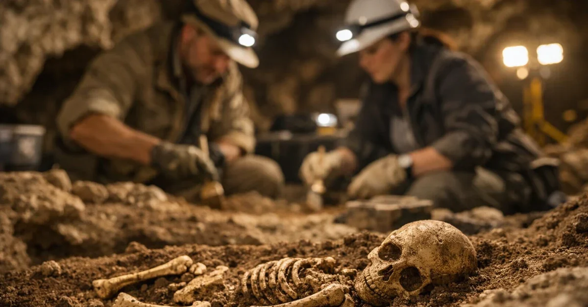 Archaeological excavation inside Romito Cave showing 12,000-year-old skeletal remains being uncovered by researchers under work lights.