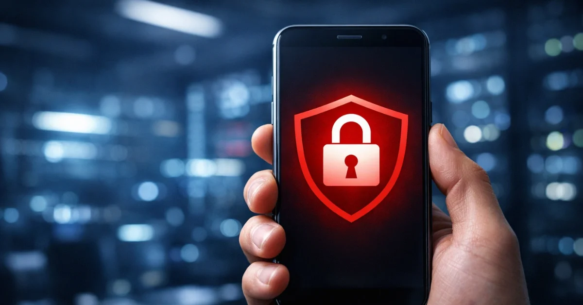 A smartphone displaying a red security warning icon against a high-tech digital background, illustrating a critical Android security warning.